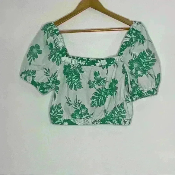 American Eagle Tropical Leaf Print Puff Sleeve Crop Top sz small - Picture 5 of 10